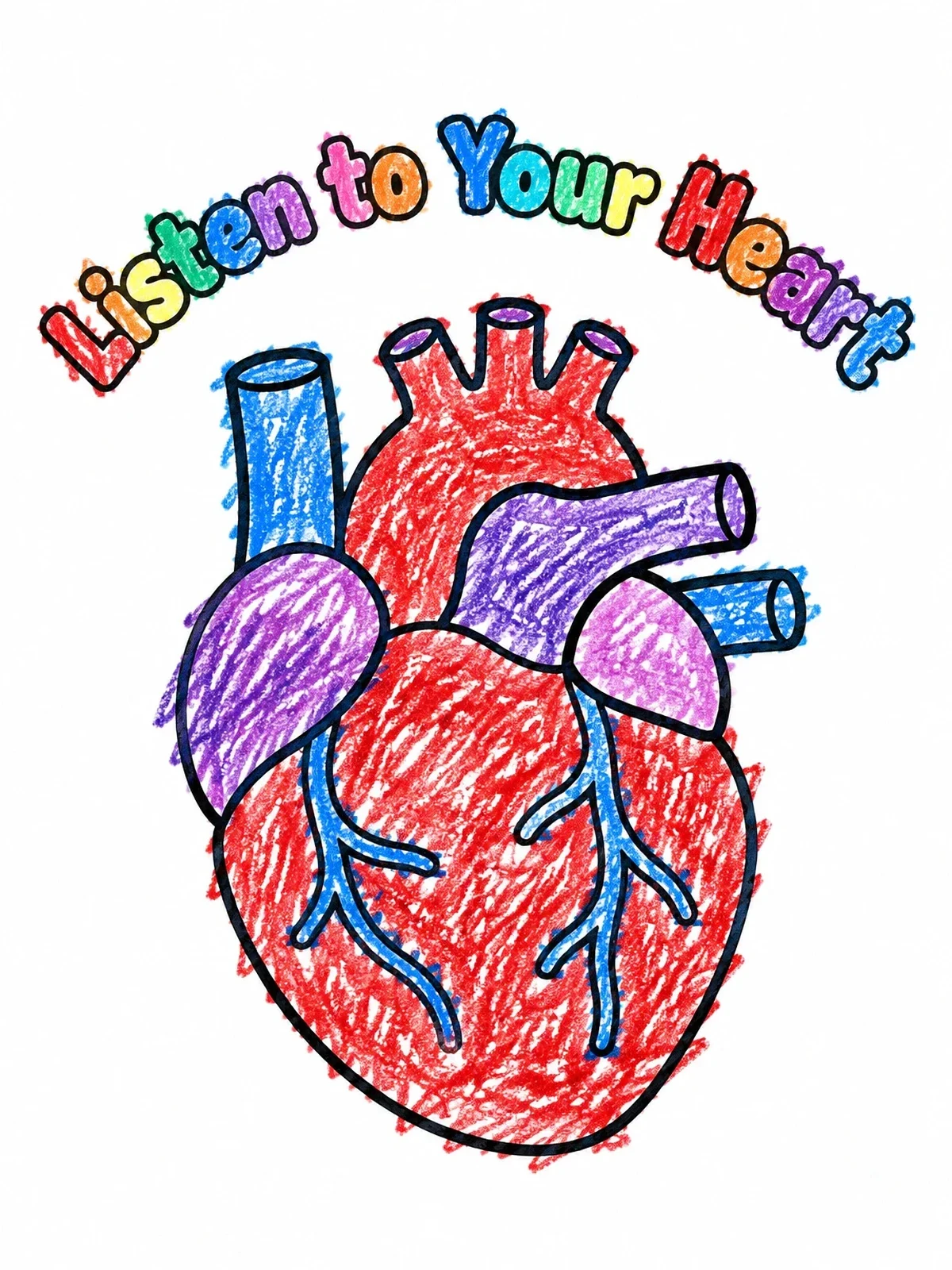 Colored example of the Human Heart Anatomy Line Art coloring page