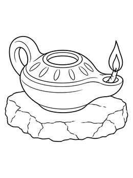 An ancient clay oil lamp coloring page resting on a cracked stone slab with a burning flame.
