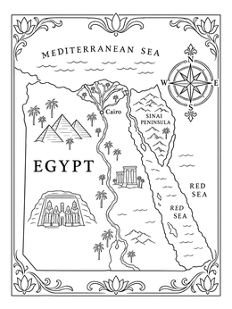 An illustrated map of egypt coloring page with pyramids, monuments, and a compass rose.