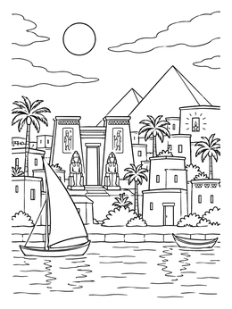 An ancient Egypt coloring page featuring a temple, pyramids, boats on the Nile, and a glowing window lamp.