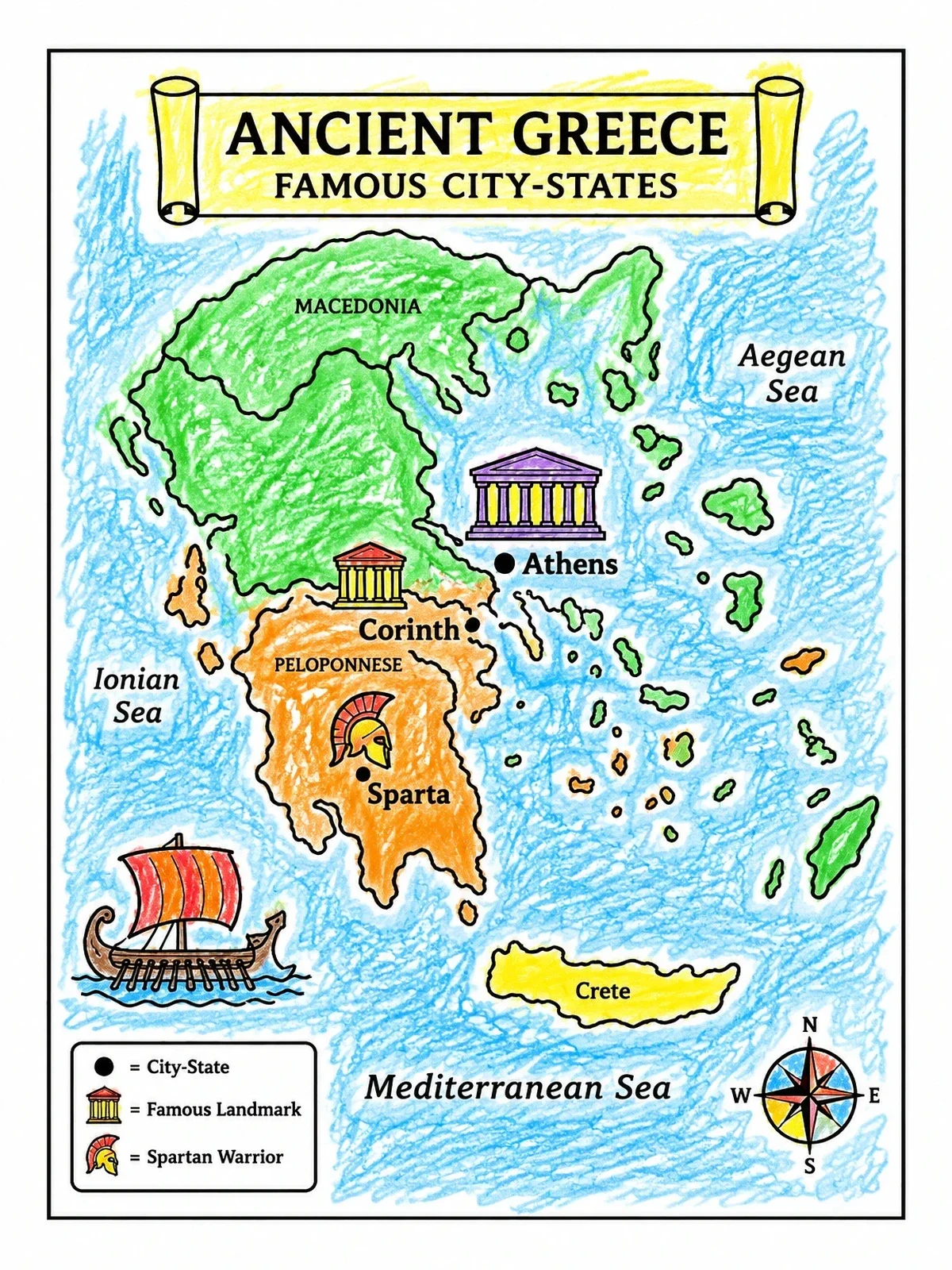 Colored example of the Ancient Greece Educational Map coloring page