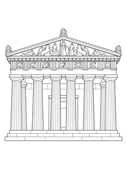 Detailed parthenon coloring page with classic Doric columns and sculpted pediment reliefs.