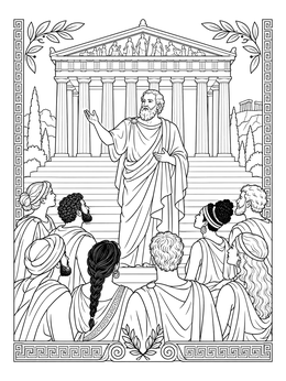 A parthenon coloring page showing a Greek philosopher speaking to a crowd on the temple steps.
