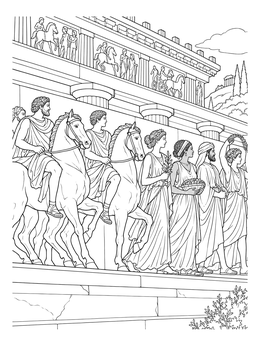 Greek riders and citizens march in this parthenon coloring page.