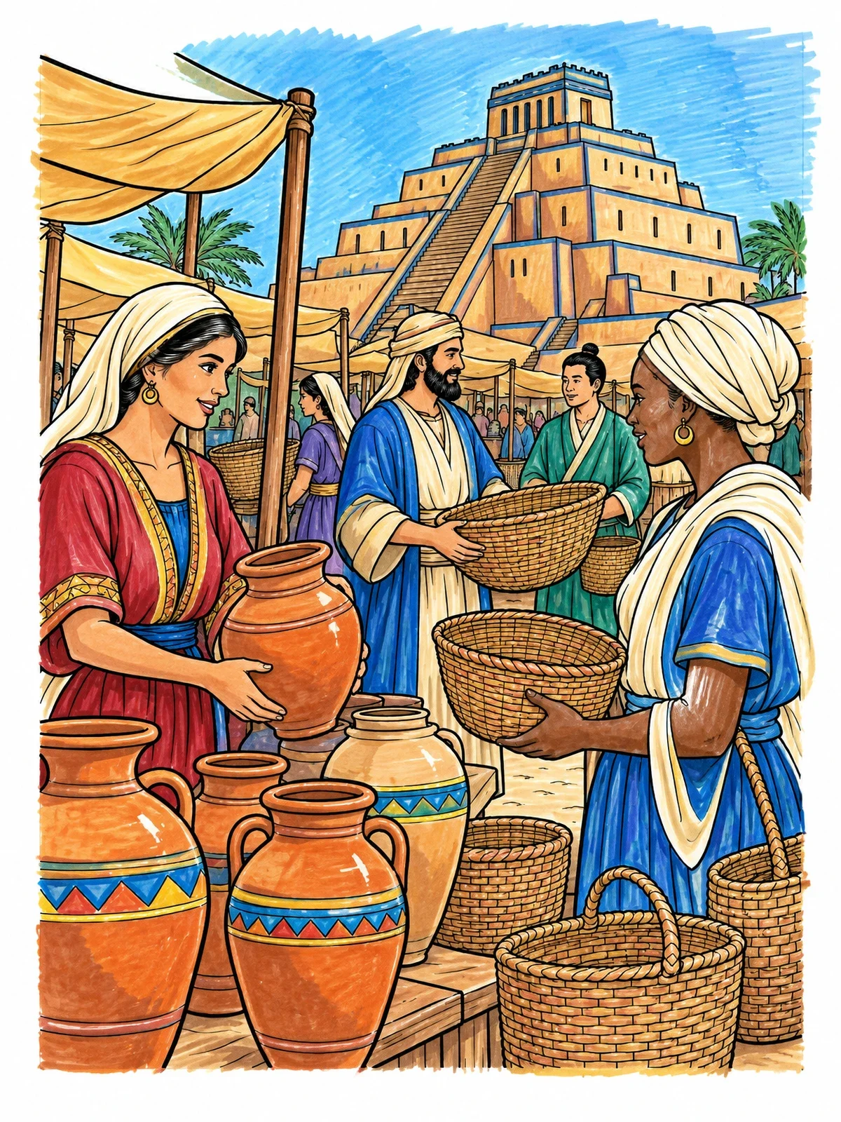 Colored example of the Ancient Market By The Ziggurat coloring page