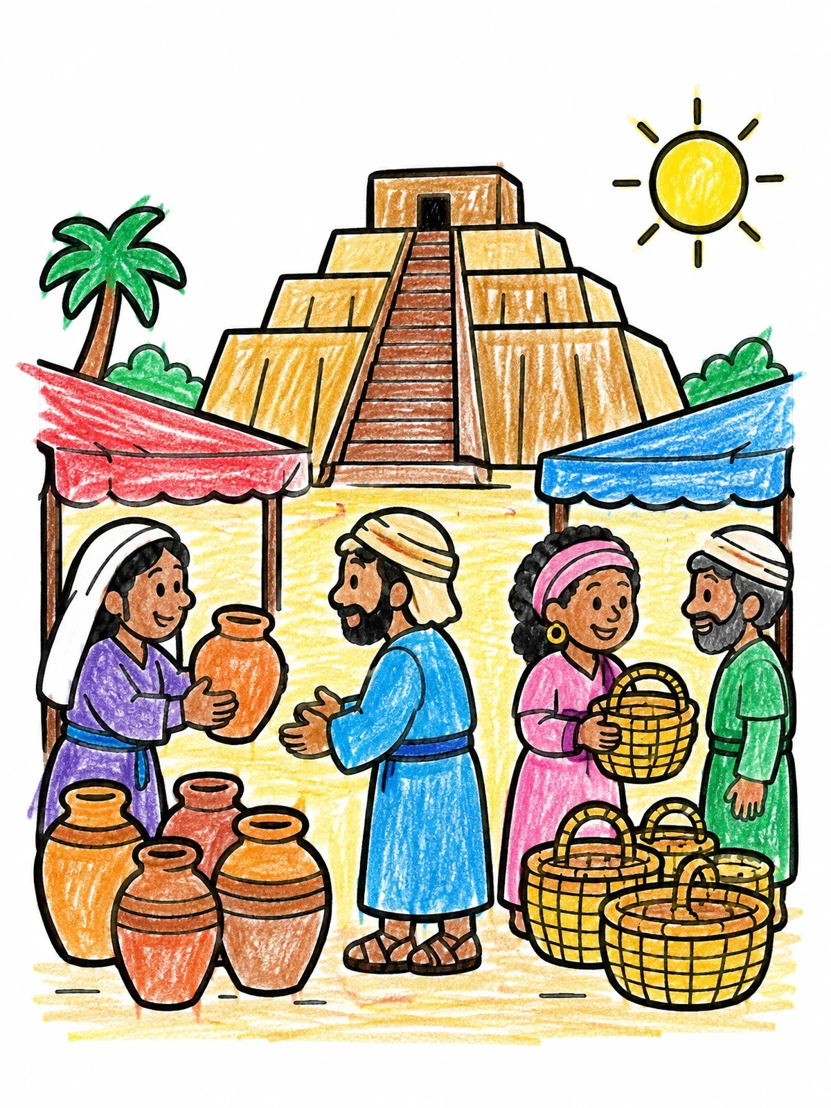 Colored example of the Ancient Market By The Ziggurat coloring page