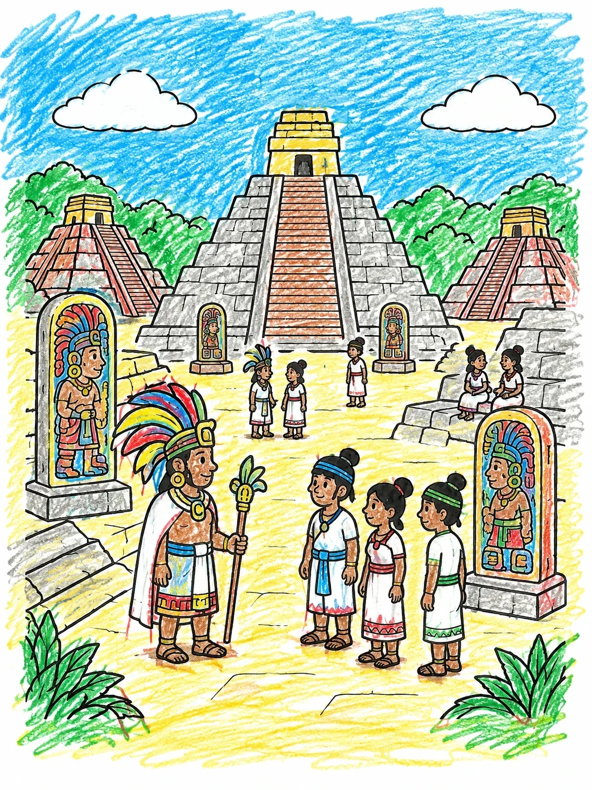 Colored example of the Ancient Maya Plaza With Pyramids coloring page