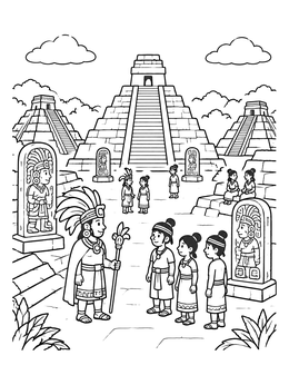 Free printable Ancient Maya Plaza With Pyramids coloring page