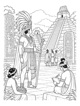 A detailed maya coloring page showing a regal ruler in a feather headdress before step pyramids.