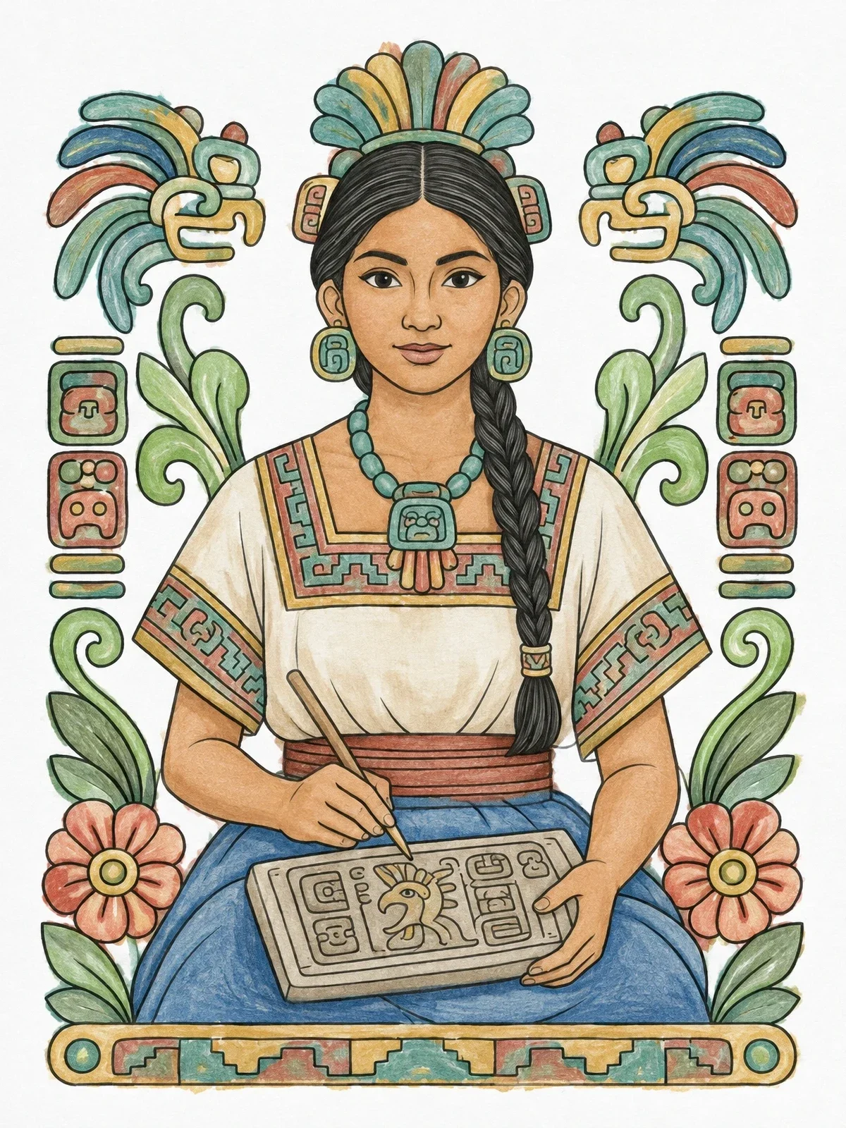 Colored example of the Ancient Maya Scribe At Work coloring page