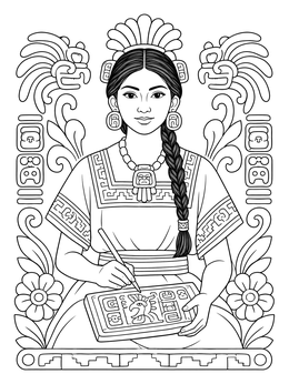 An ancient Maya scribe carves glyphs in this detailed maya coloring page.