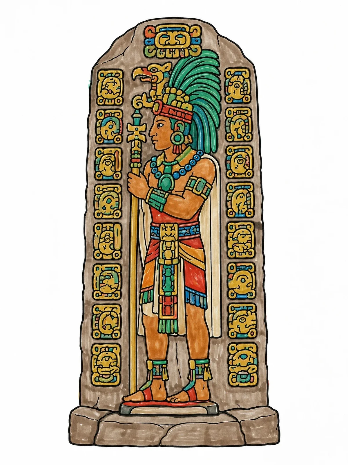 Colored example of the Ancient Mayan Stone Stela Relief coloring page