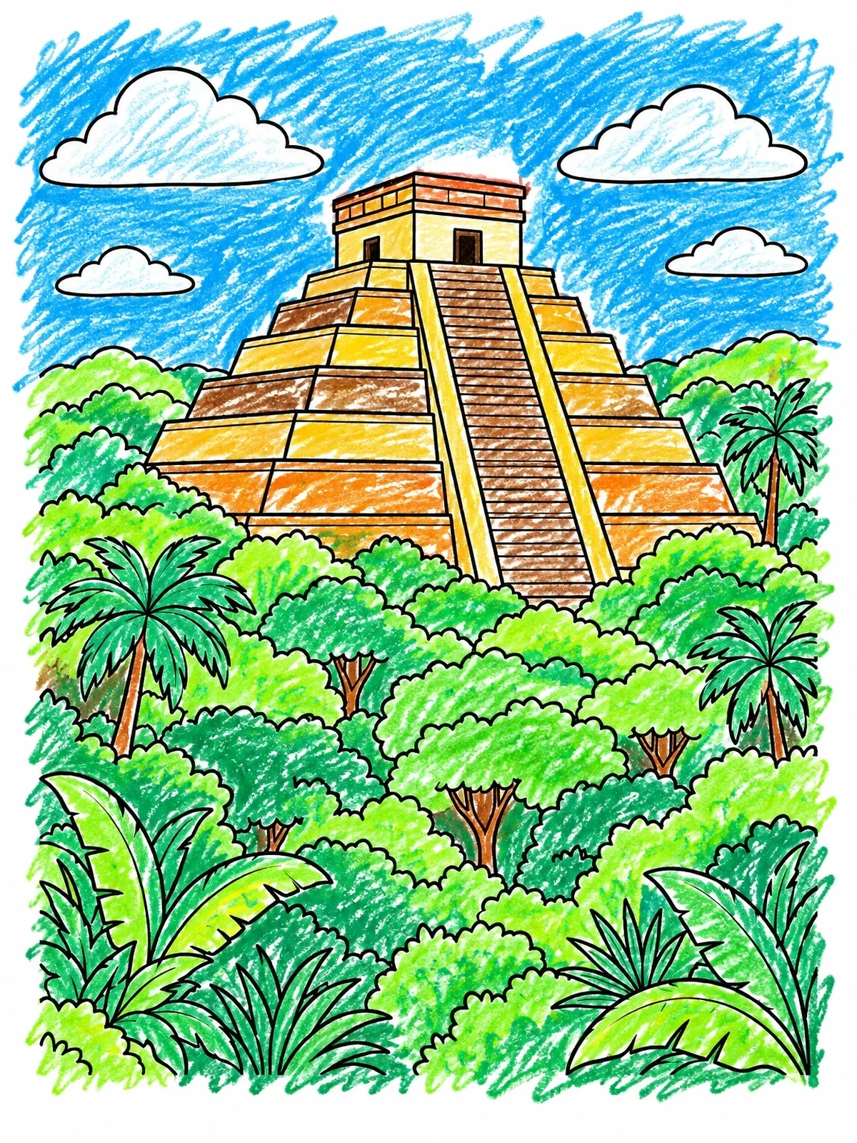 Colored example of the Ancient Mayan Temple In Rainforest coloring page