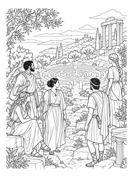 Free printable Ancient Travelers At The Stone Labyrinth coloring page