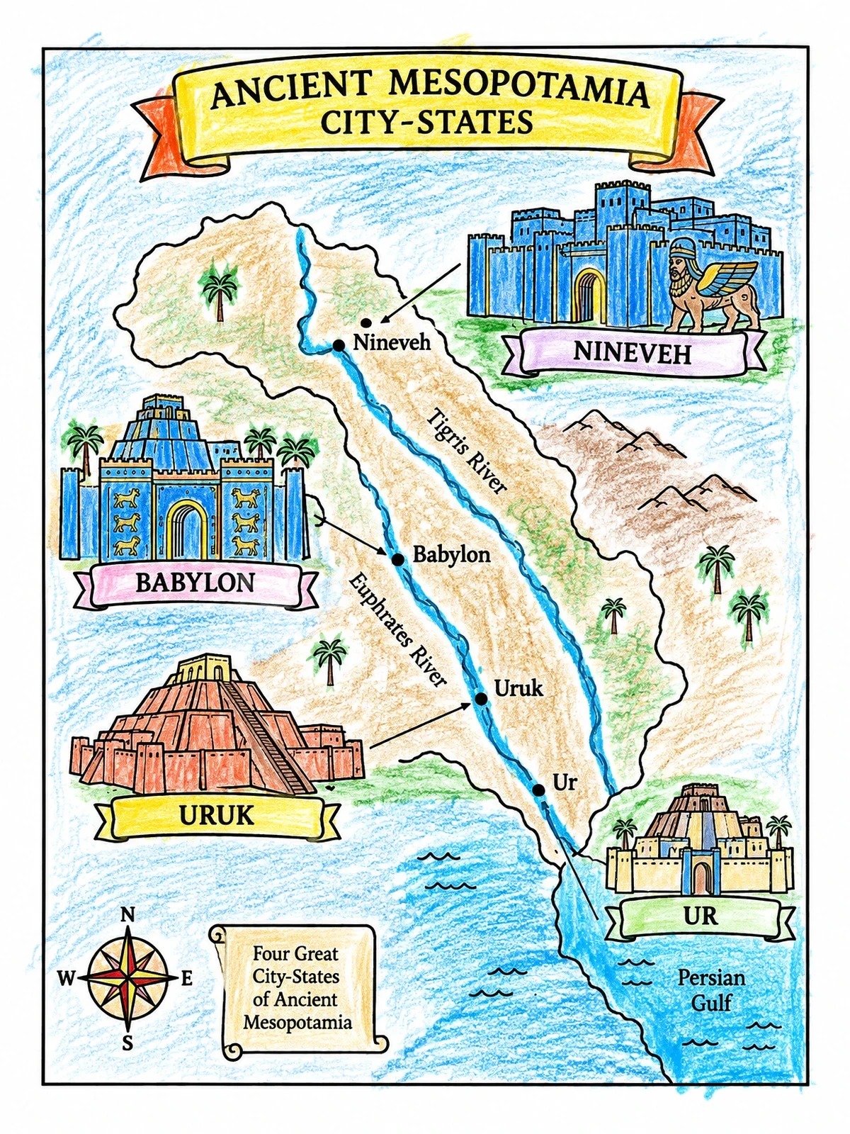 Colored example of the Ancient Mesopotamia City States Map coloring page
