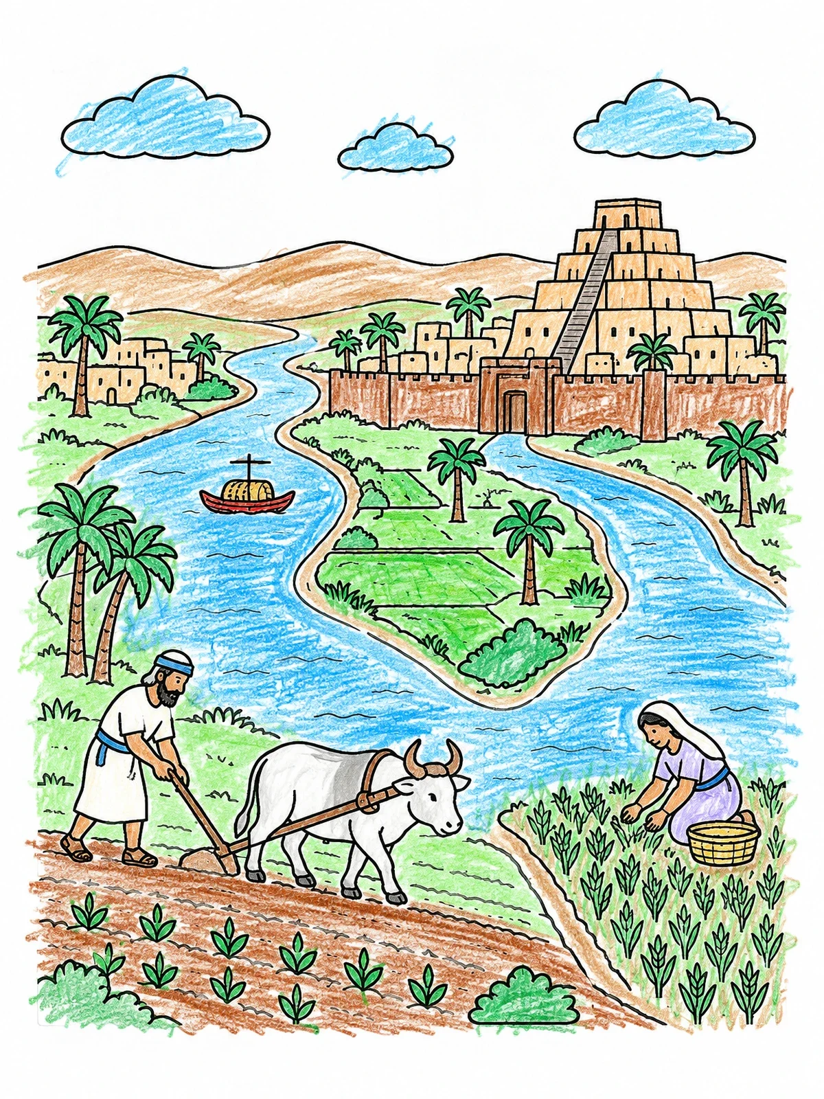 Colored example of the Ancient Mesopotamian Farming Near Ziggurat coloring page