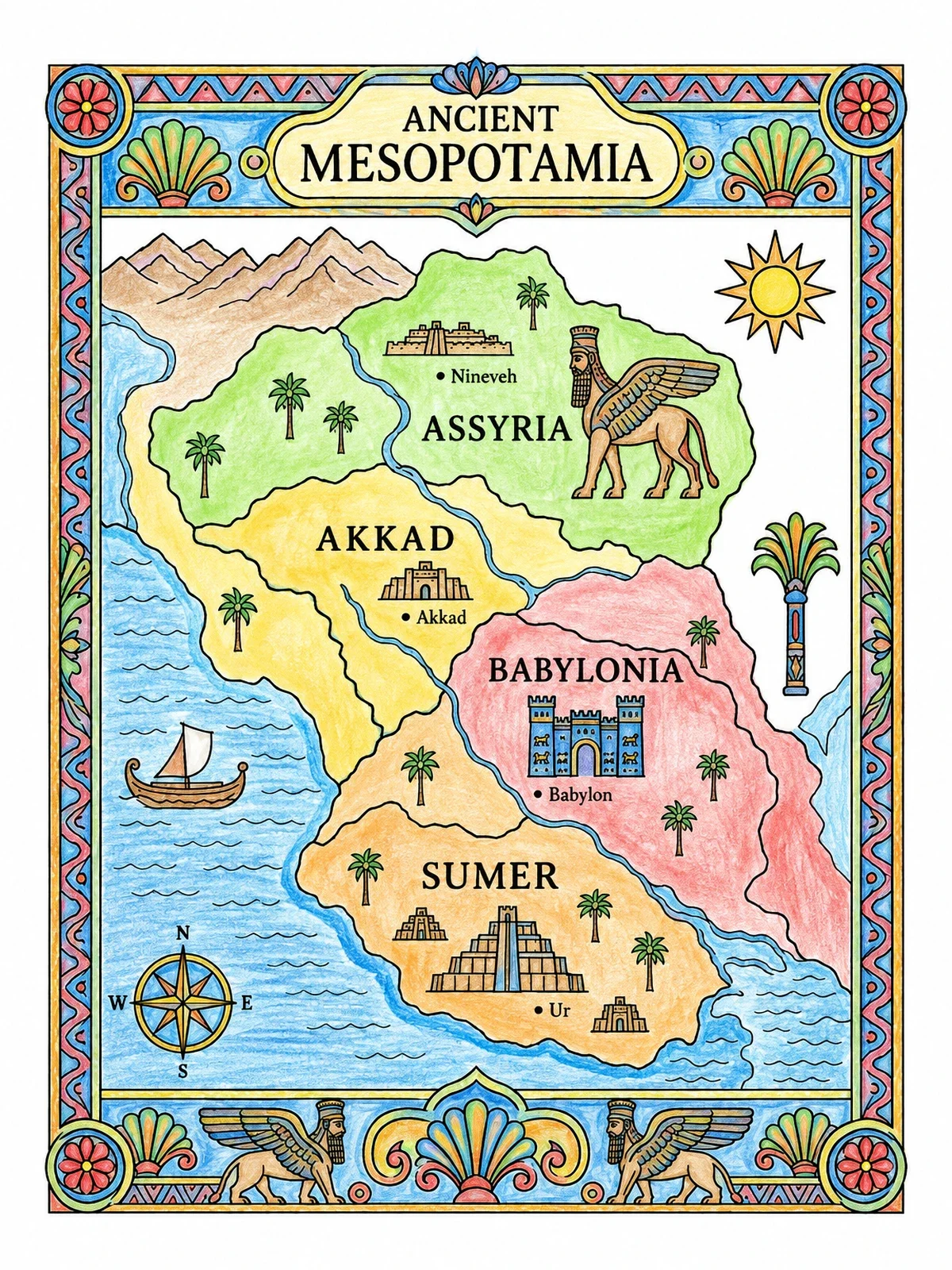 Colored example of the Ancient Mesopotamia Historical Map coloring page