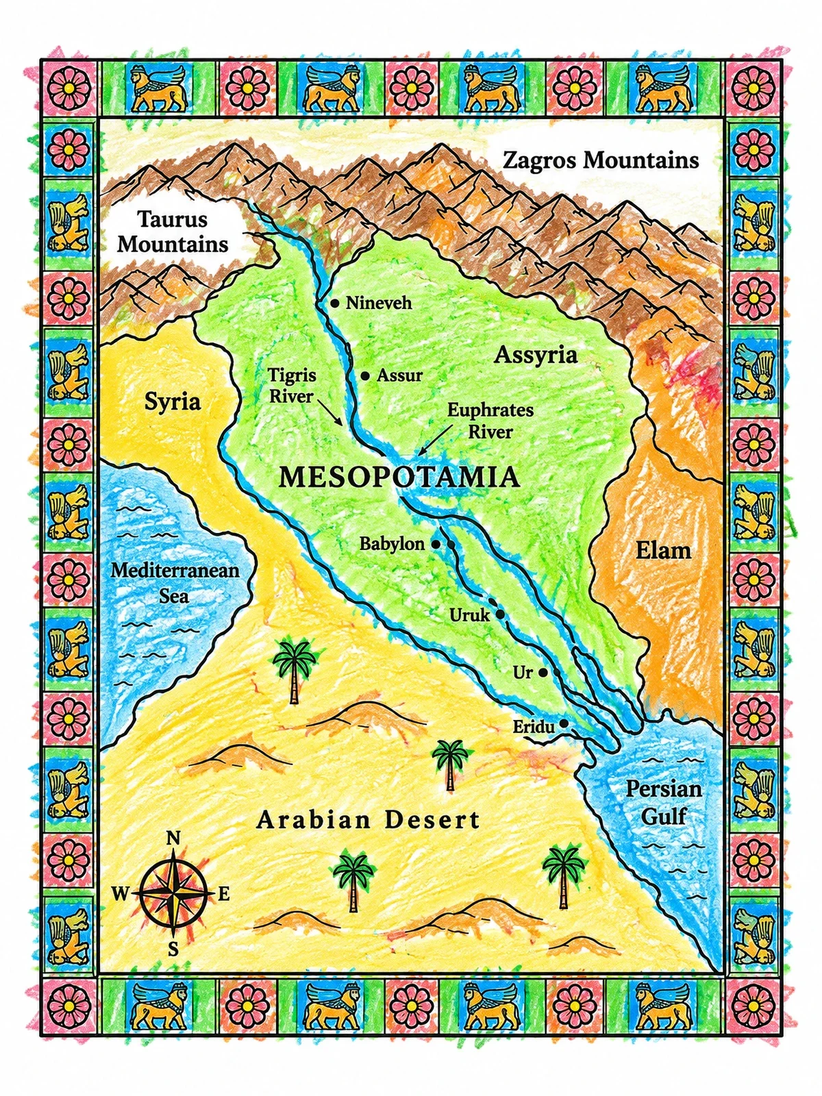 Colored example of the Ancient Mesopotamia Map With Decorative Border coloring page