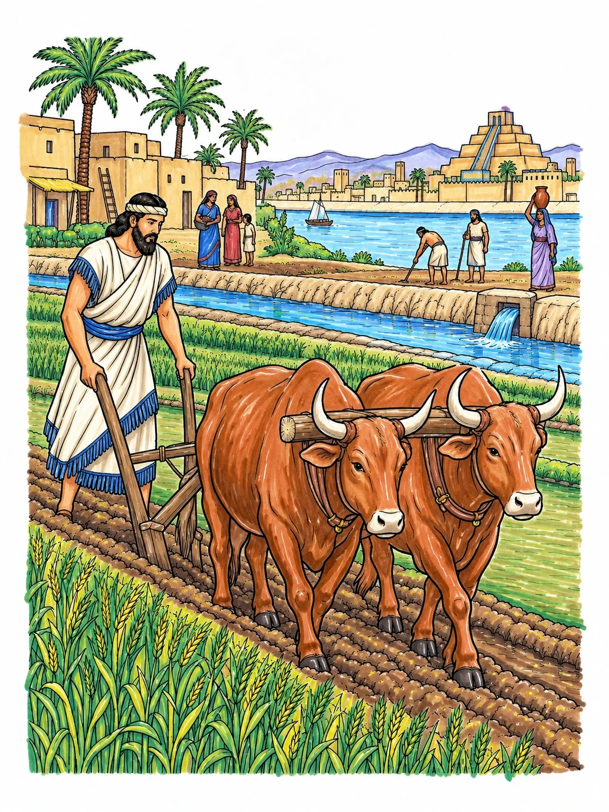 Colored example of the Ancient Mesopotamian Farmer Plowing Fields coloring page