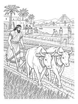 Free printable Ancient Mesopotamian Farmer Plowing Fields coloring page