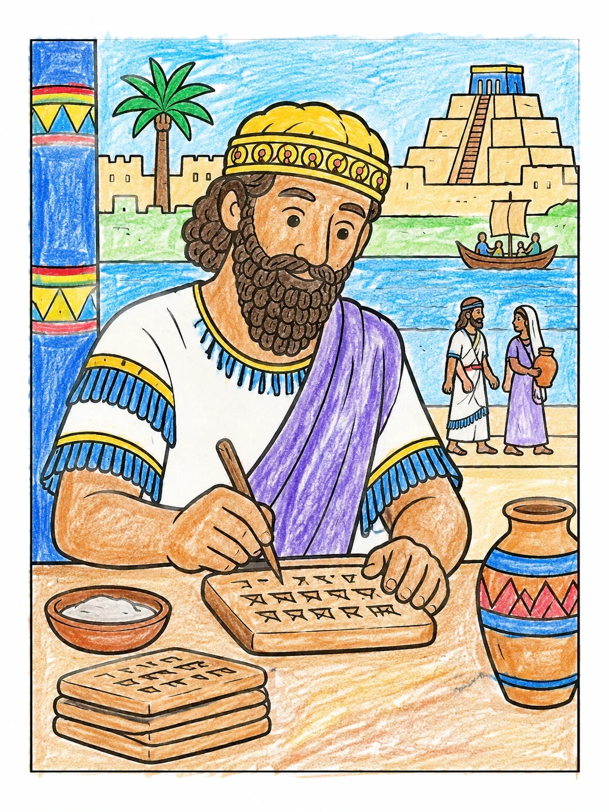 Colored example of the Ancient Mesopotamian Scribe Writing Cuneiform coloring page