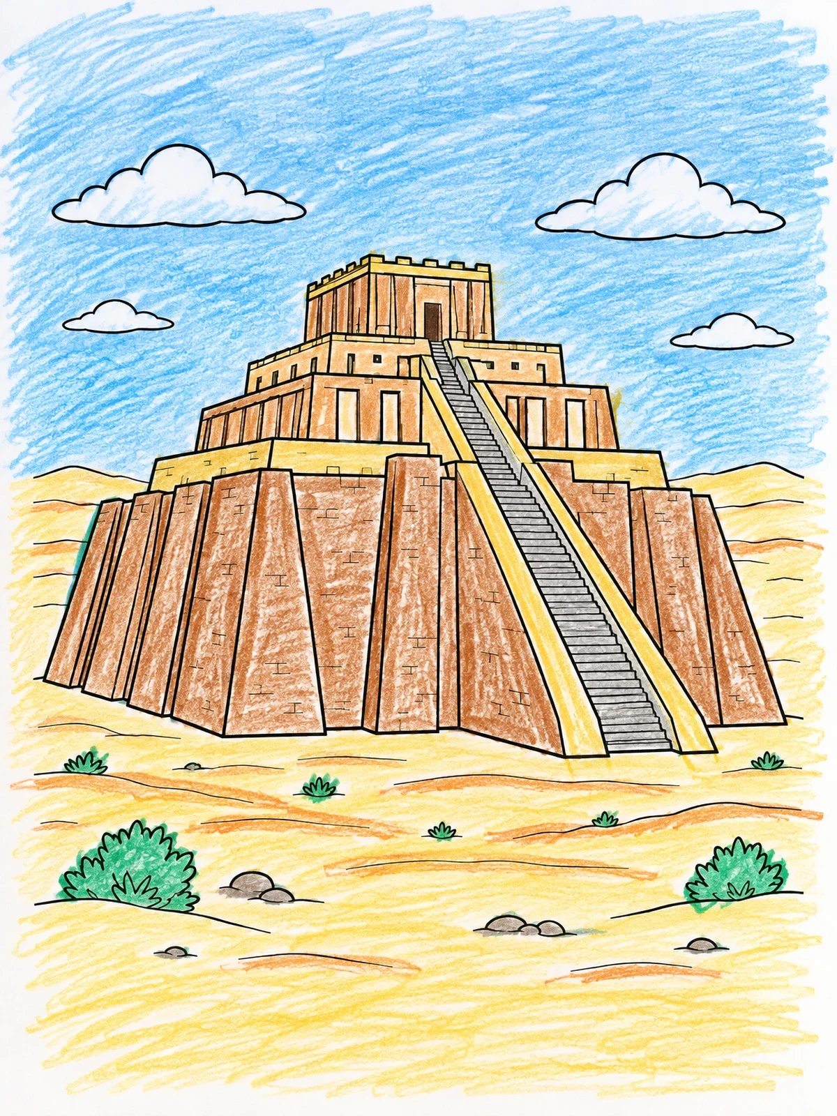 Colored example of the Ancient Mesopotamian Stepped Ziggurat coloring page
