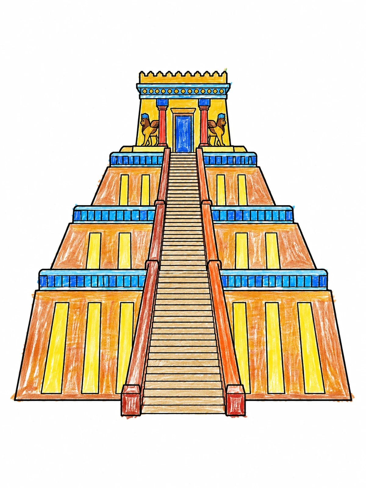 Colored example of the Ancient Mesopotamian Ziggurat Temple coloring page