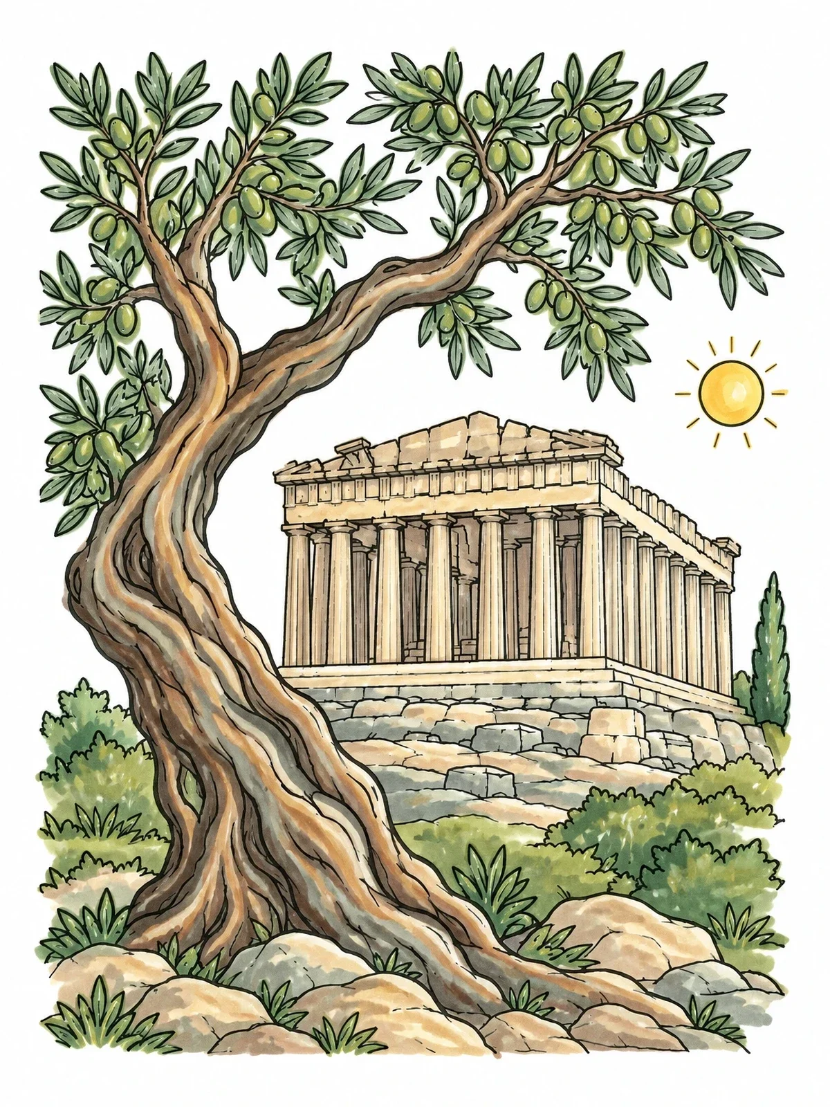 Colored example of the Ancient Parthenon And Olive Tree coloring page