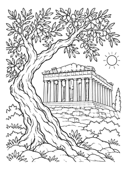 An ancient olive tree frames the historic ruins in this Parthenon coloring page.