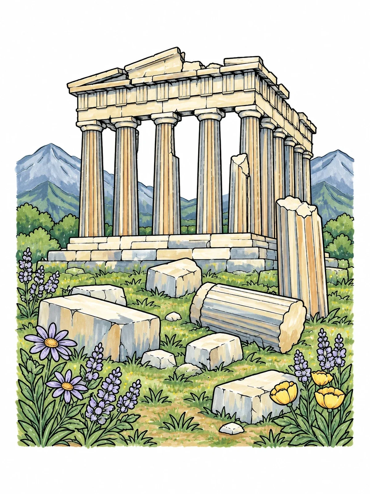 Colored example of the Ancient Parthenon Ruins With Wildflowers coloring page