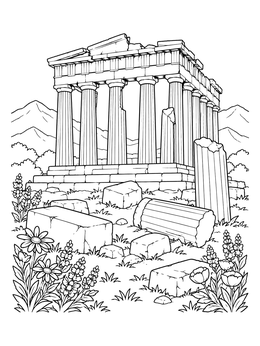 Free printable Ancient Parthenon Ruins With Wildflowers coloring page