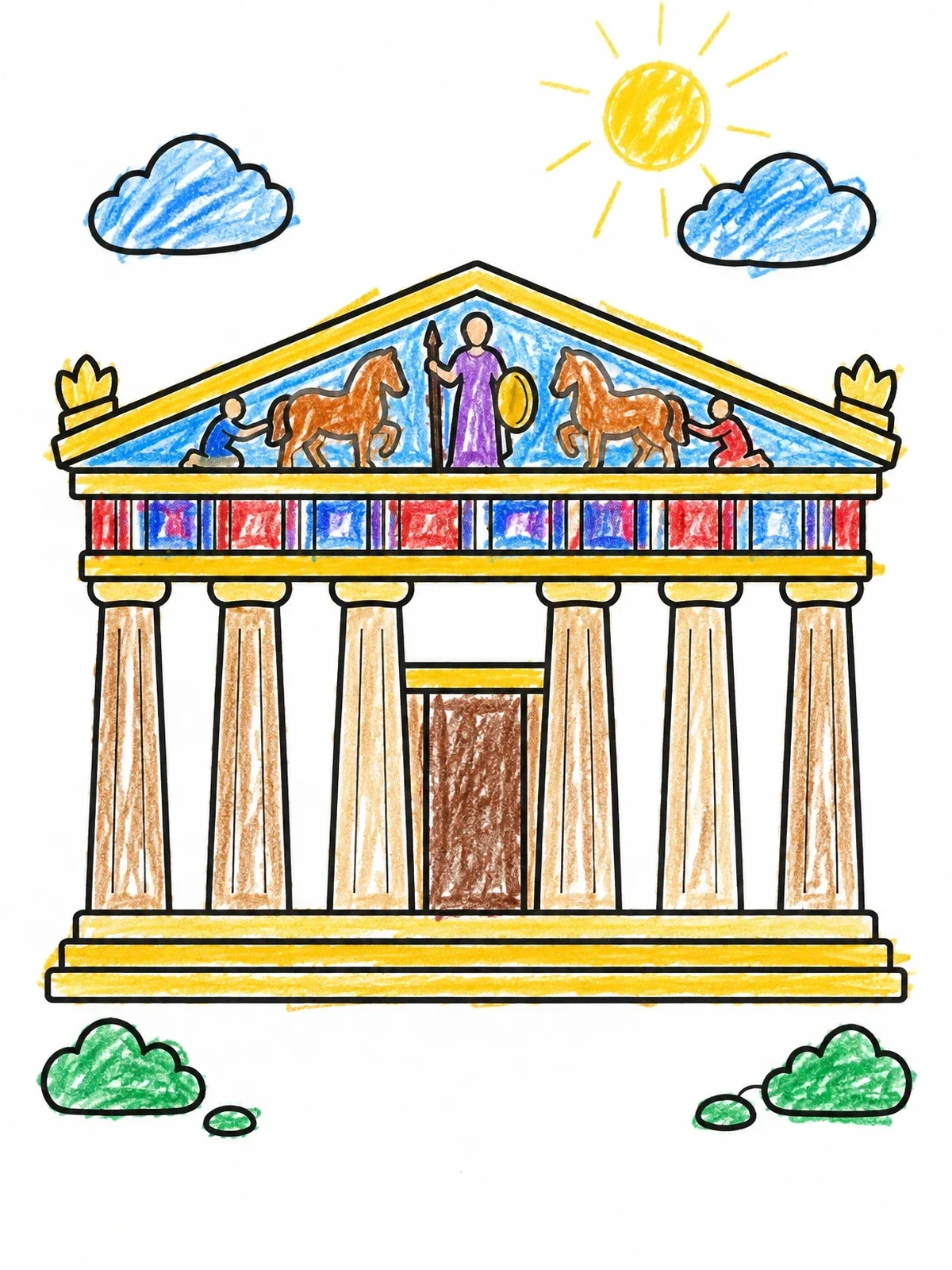 Colored example of the Ancient Parthenon Temple Facade coloring page