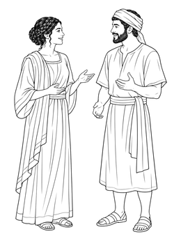 A woman and man talk together in this tower of babel coloring page with historical clothing.