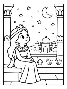 A peaceful queen coloring page showing royalty admiring the starry night from a balcony.