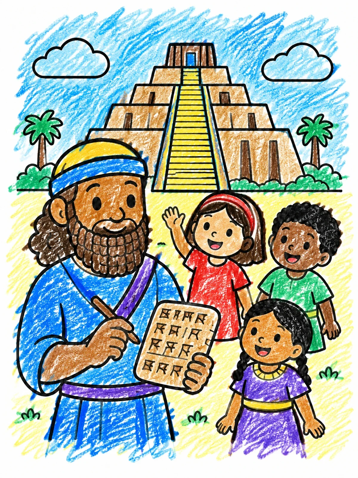 Colored example of the Ancient Scribe And Children By The Ziggurat coloring page