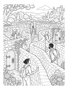Free printable Explorers In An Ancient Stone Labyrinth coloring page