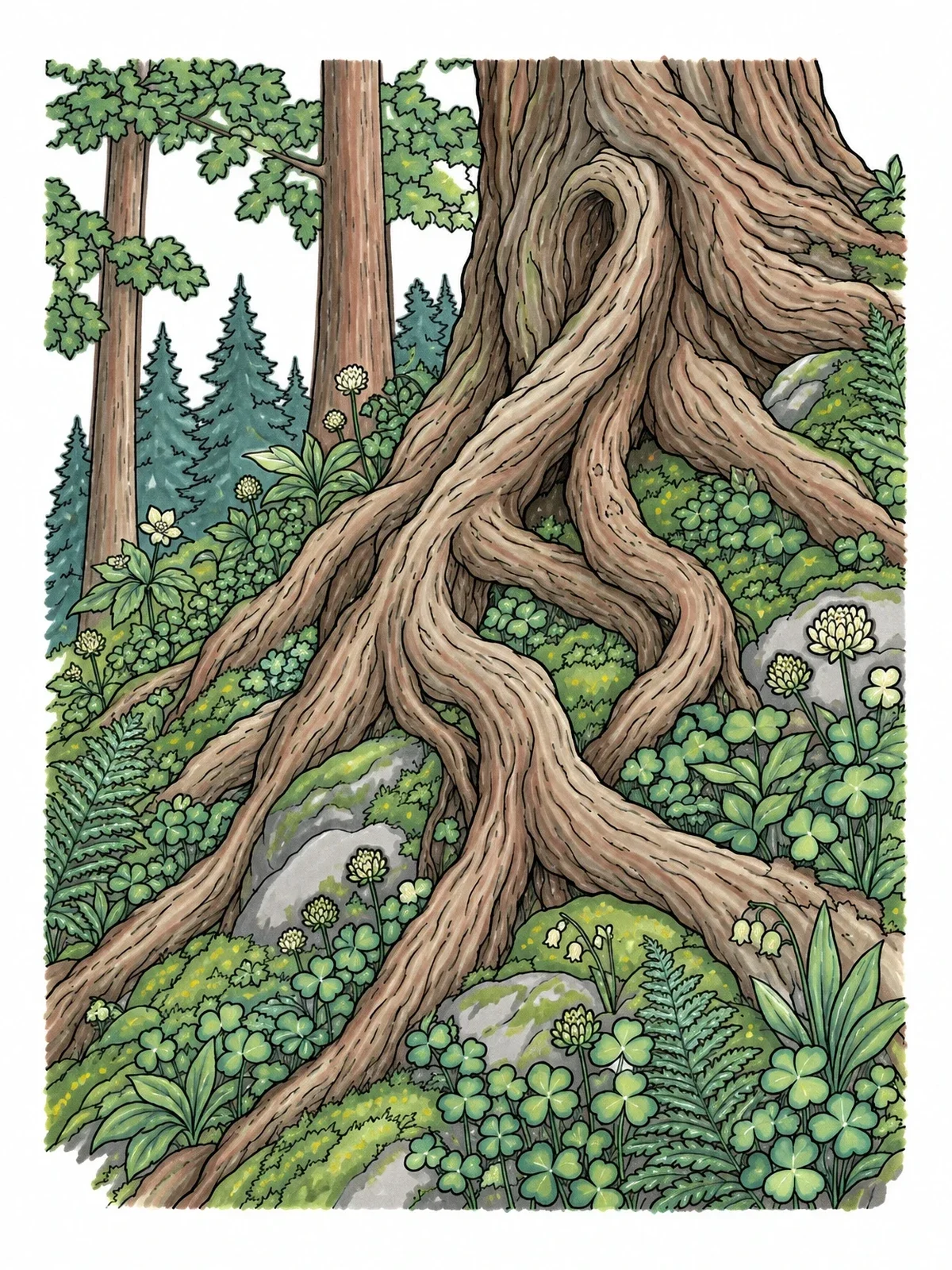 Colored example of the Ancient Tree Roots On Forest Hillside coloring page