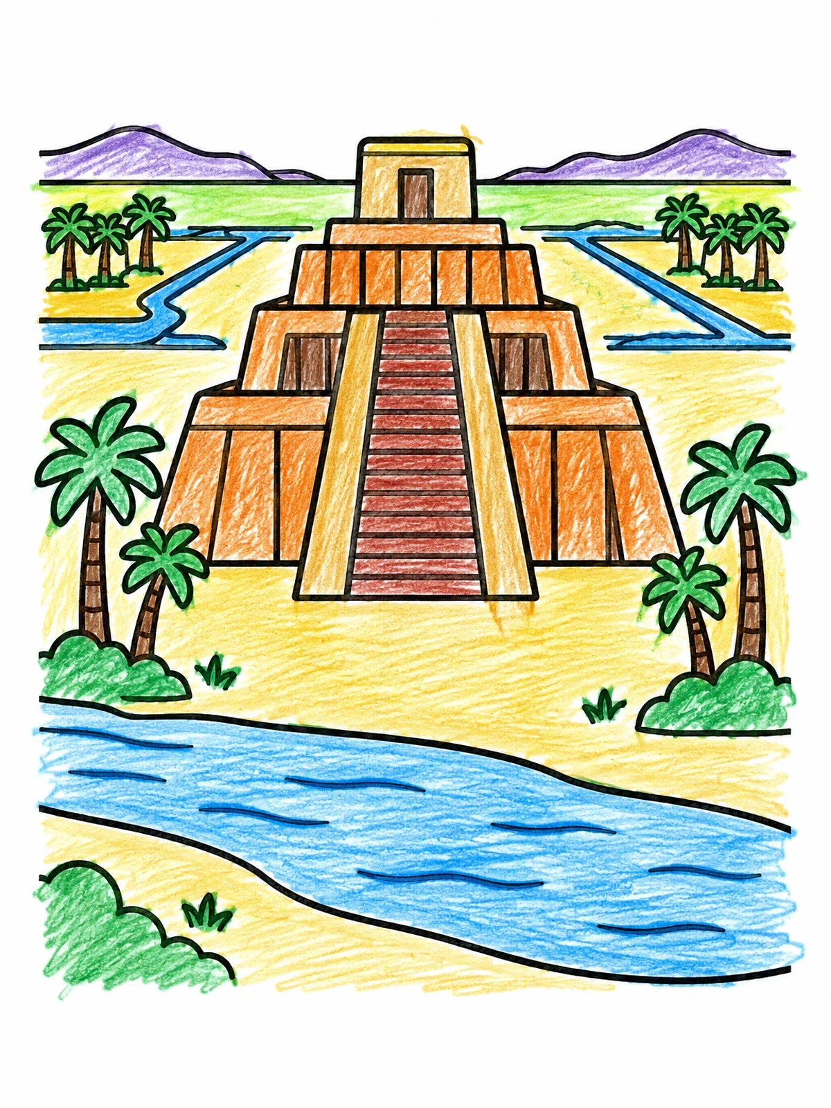 Colored example of the Ancient Ziggurat By The River coloring page