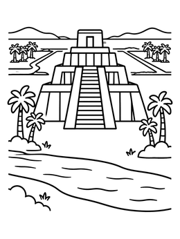 Free printable Ancient Ziggurat By The River coloring page