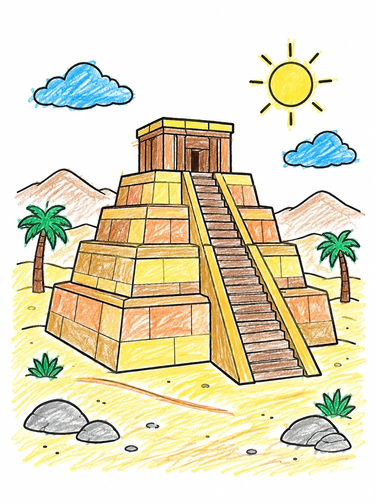 Colored example of the Ancient Ziggurat In The Desert coloring page