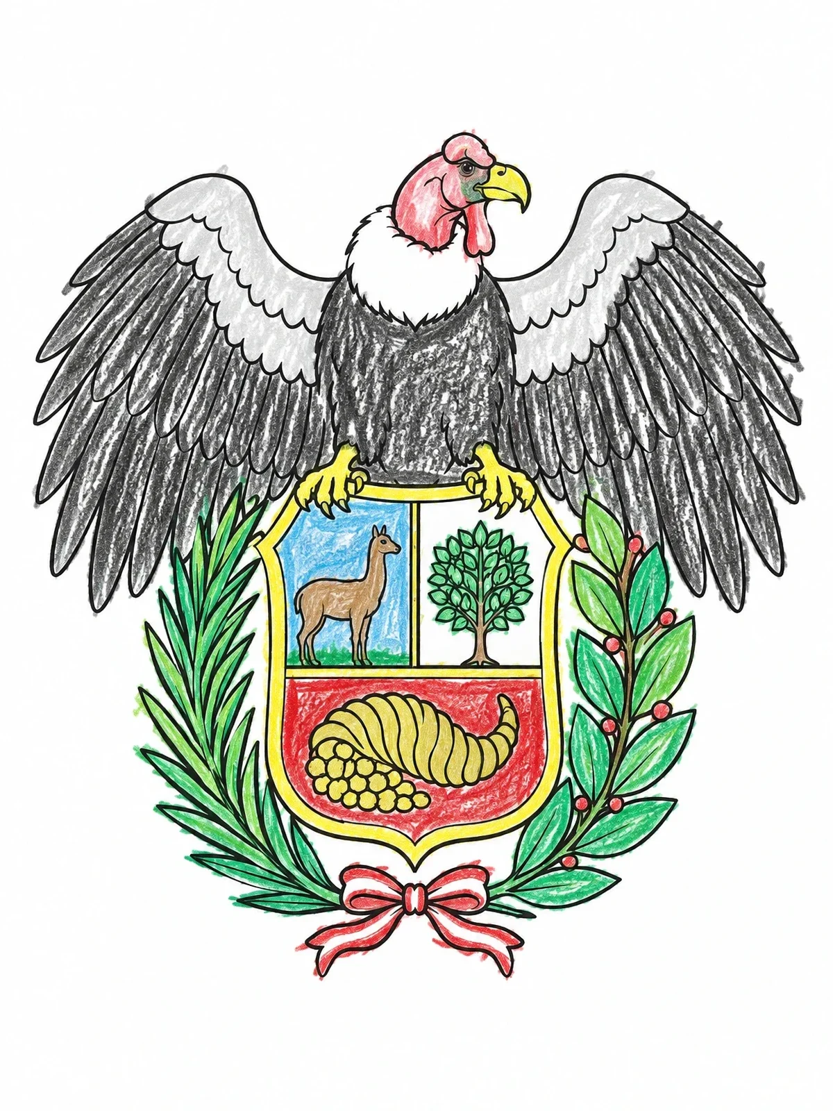 Colored example of the Andean Condor With Peruvian Coat Of Arms coloring page