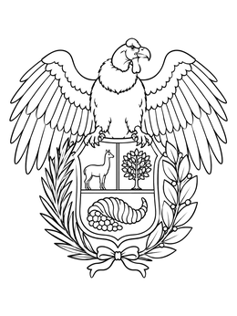 An Andean condor perches atop the coat of arms in this peru coloring page.