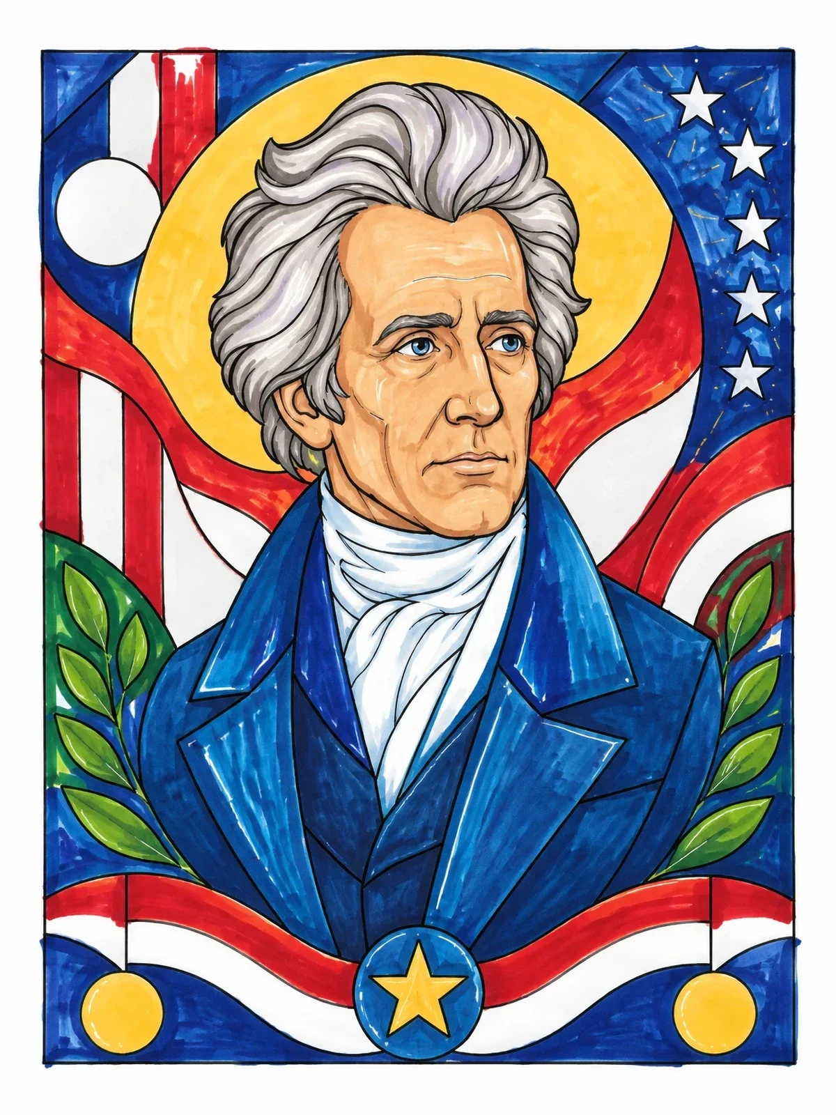 Colored example of the President Andrew Jackson Patriotic Portrait coloring page