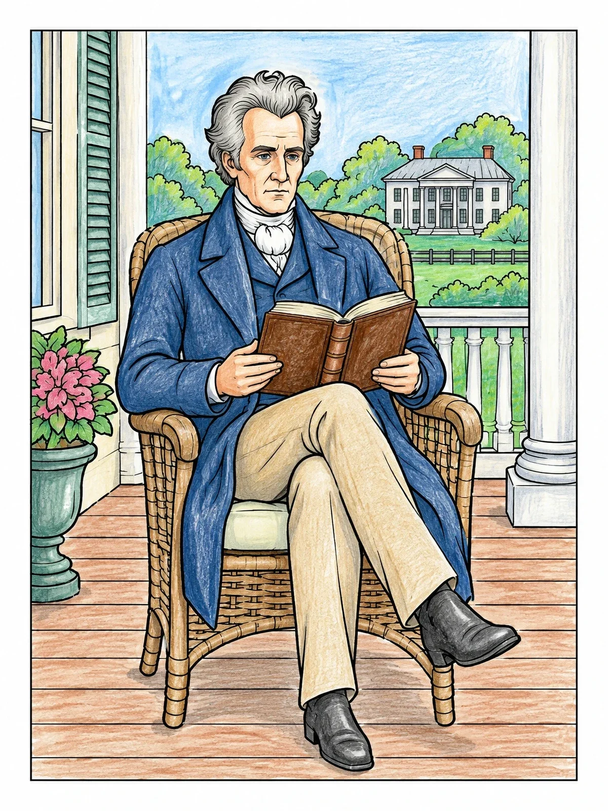 Colored example of the Andrew Jackson Reading On The Veranda coloring page