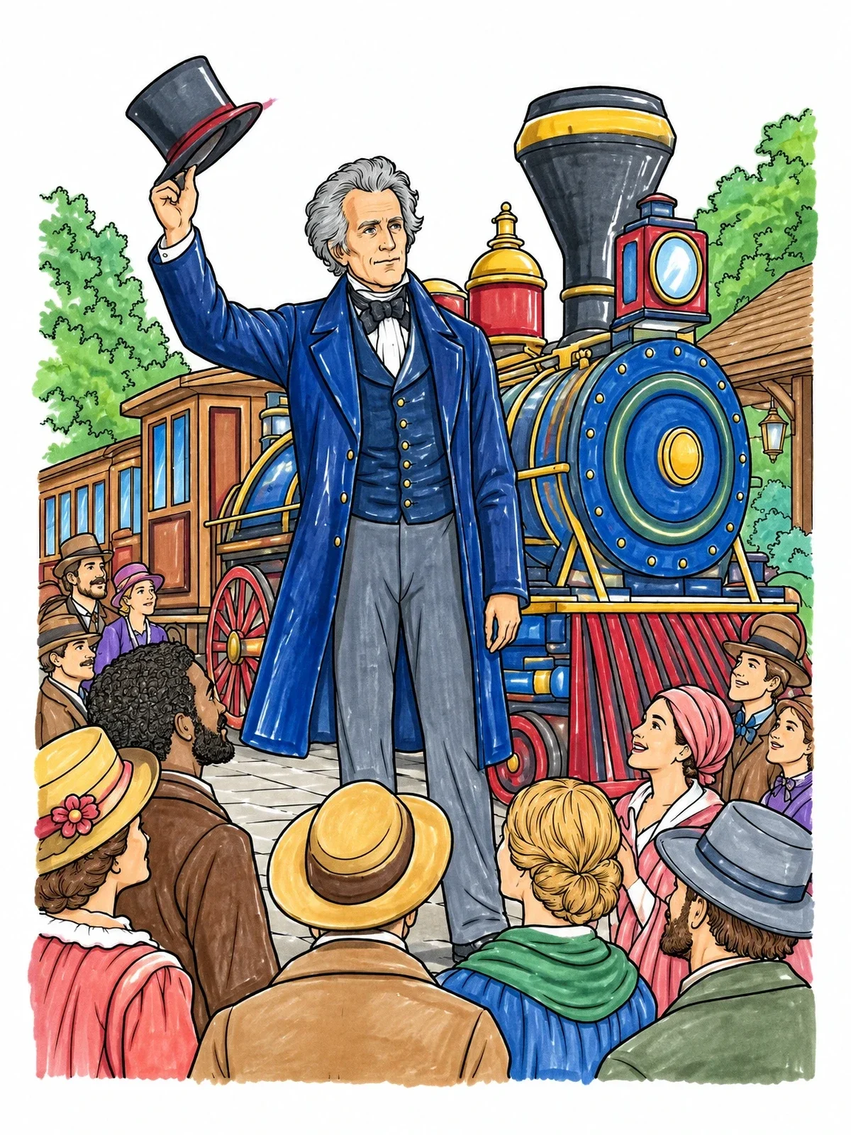 Colored example of the Andrew Jackson At The Train Station coloring page