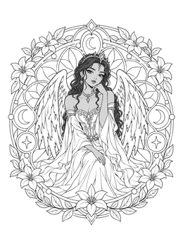 An angel anime coloring page featuring an ornate celestial maiden framed by flowers.