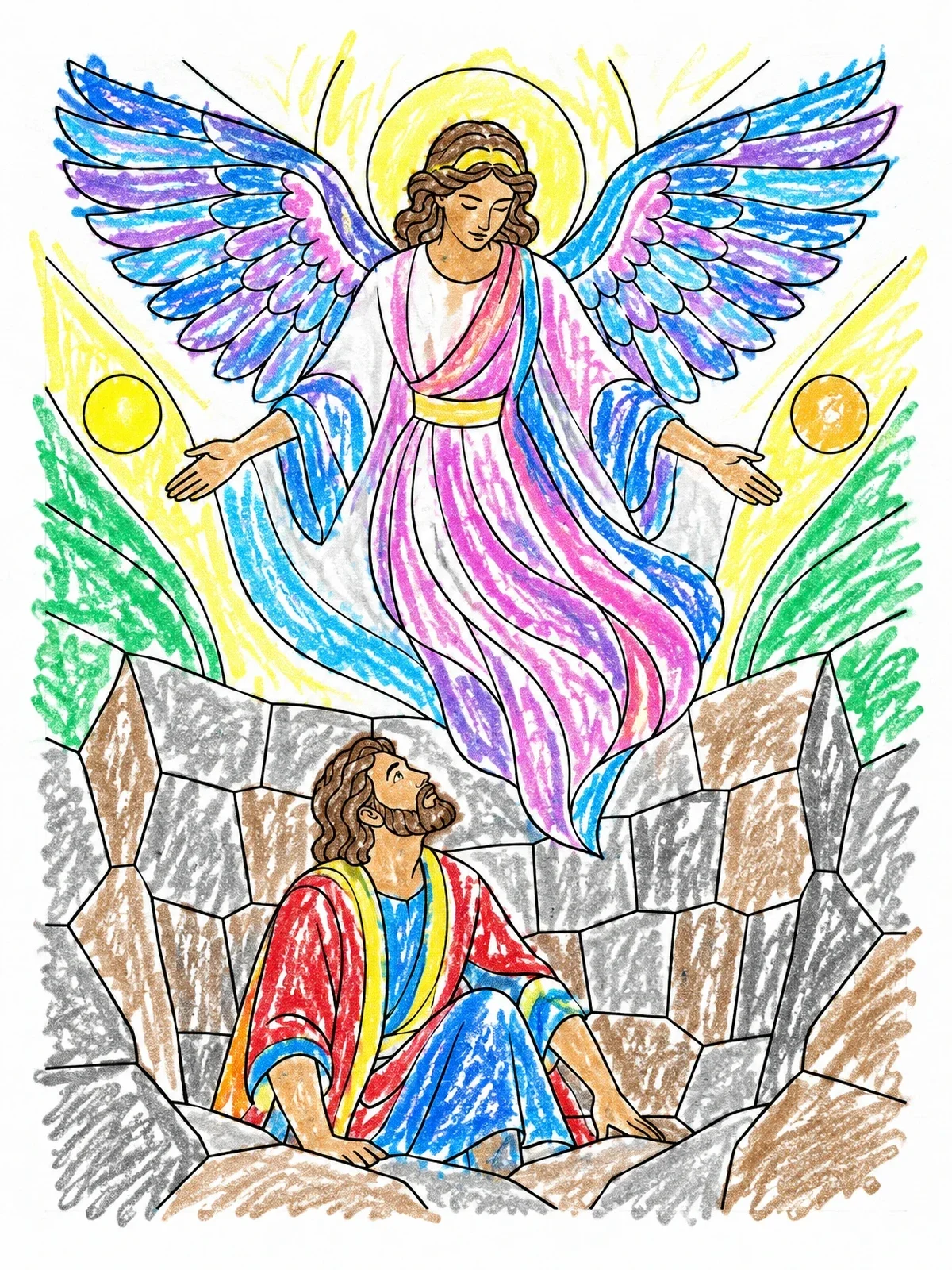 Colored example of the Angel Appearing To Daniel In The Pit coloring page