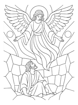 An angel floating above Daniel in this daniel in the lions den coloring page.