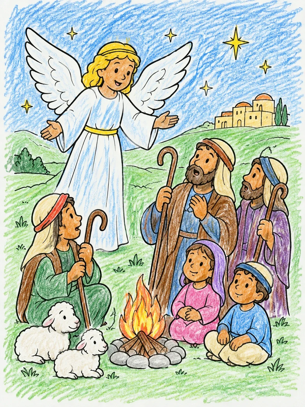 Colored example of the Angel Appearing To The Shepherds coloring page