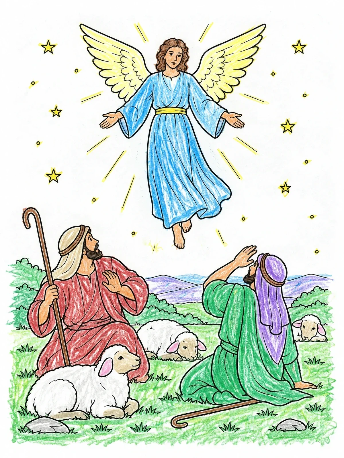 Colored example of the Angel Appearing To The Shepherds coloring page